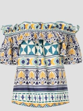 La DoubleJ Breakfast off-the-shoulder ruffled printed cotton-poplin Top Sz XS